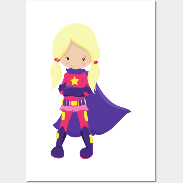 Superhero Girl, Blonde Hair, Purple Cape, Hero Wall Art by Jelena Dunčević